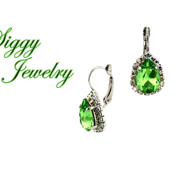 Peridot Pear Teardrop Earrings with Crystal AB Halo and Rhodium Finish - Picture 3 of 5